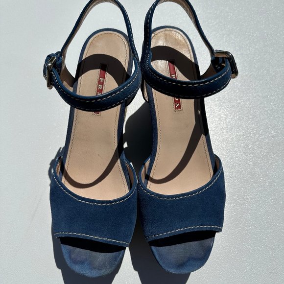 PRADA 3XZ170 Blue Suede Peep Toe Platform Wedge Espadrille Heel Sandals-39.5/9.5 - Picture 3 of 7